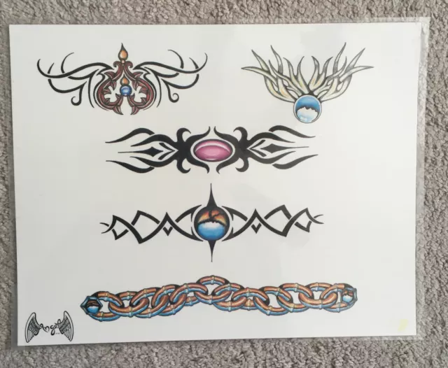 Tattoo Flash Single Sheet Print by Angel Flash Tribal Art Designs Rare 11” X 14”