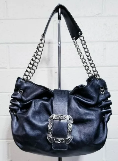 DESMO metallic black steel LEATHER Silver Tone Chain SMALL SHOULDER HOBO HANDBAG