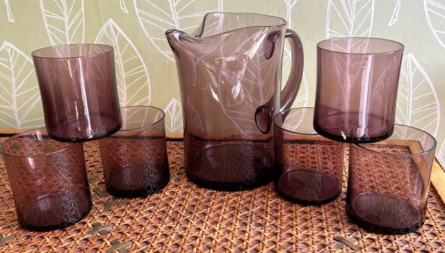 Whitefriars pinch top jug set, vintage 1960s, purple 6 glass, hand blown, MCM
