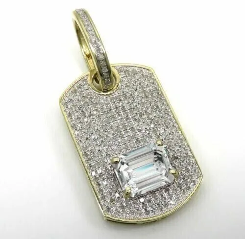 Real Moissanite 2.30Ct Emerald Cut Dog Tag Shape Pendant 14K Yellow Gold Plated