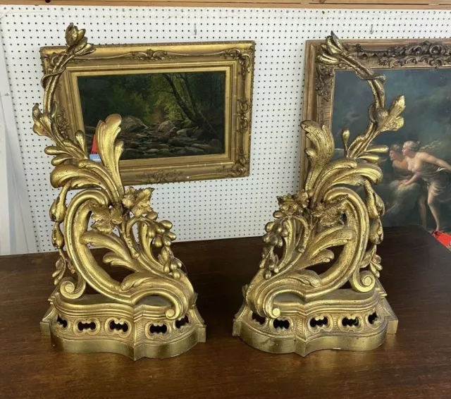 Pair Of Antique Victorian Gilt Metal 18" Fireplace Chenets Andirons