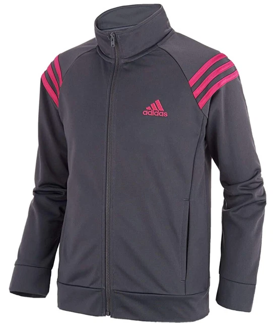 Adidas Big Girls Lightweight Track Jacket Gray Pink Tricot 3 Stripe Medium 10-12