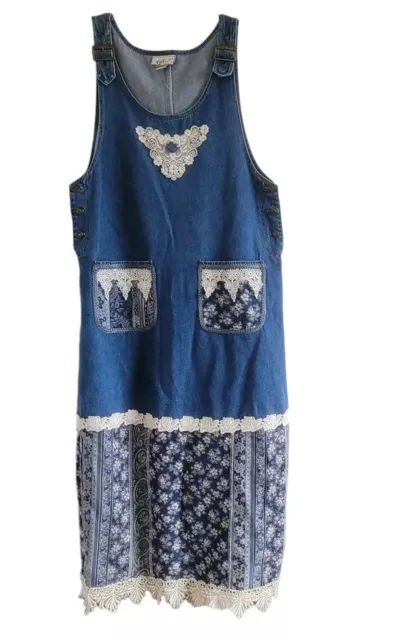 Denim Overall Dress Western Prairie Floral Lace Maxi Blue Sz L Large