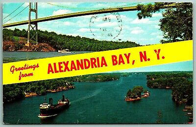 Dual  View Banner Greetings from Alexandria Bay New York NY Chrome Postcard A12