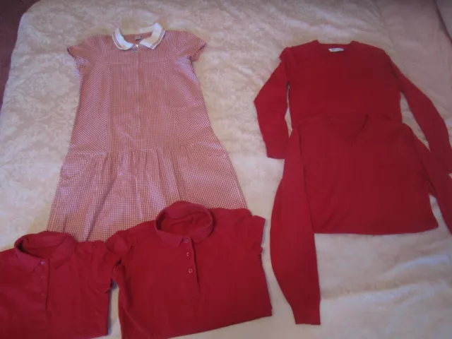 Girl Bundle Red School Uniform Gingham Dress jumper Polo Shirt 4 - 10 -11 -12