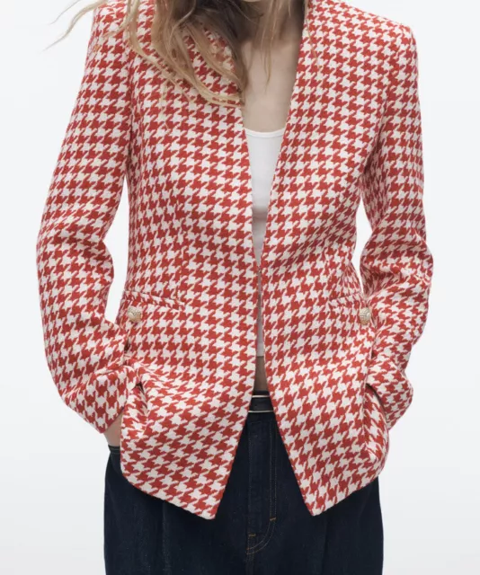 Zara Woman New Lapelless Fitted Blazer Jacket Houndstooth Ecru / Red 2145/520 S