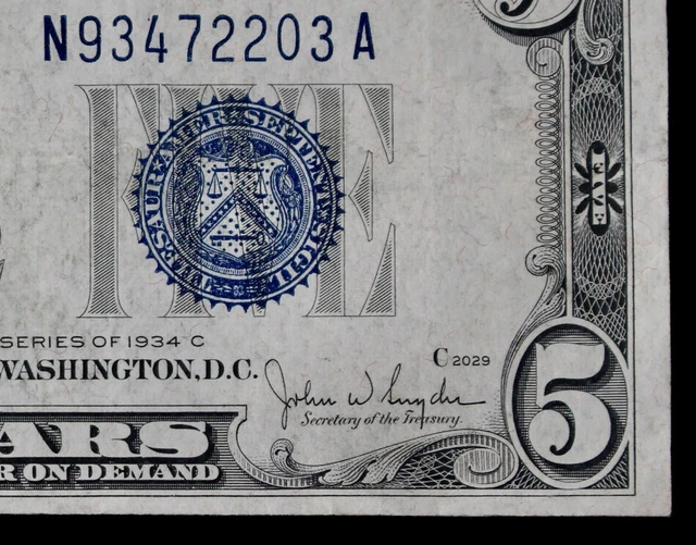 Tough $5 1934C NARROW fp2029 blue seal Silver Certificate N93472203A series C