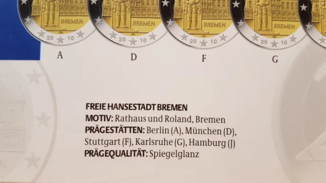 2 Euro Gedenkmünzenset 2010 Serie:Bundesländer Freie Hansestadt Bremen ADFGJ  PP 2