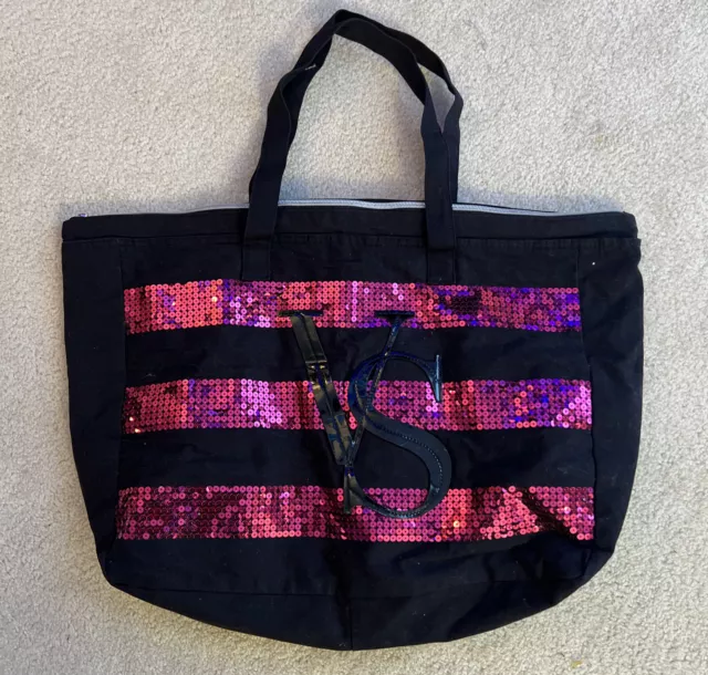 Victorias Secret Tote Bag Black VS Pink Sequin BLING Large Canvas Handle