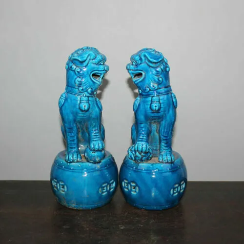 Chinese Old Pair Marked Blue Glaze Porcelain Fengshui Lion Foo Fu Dogs Statues