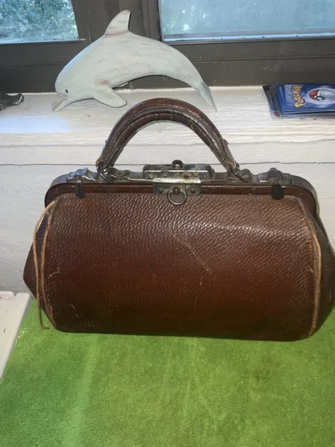 Vintage Antique Brown Leather Doctors Bag 1800s 13” X 8”