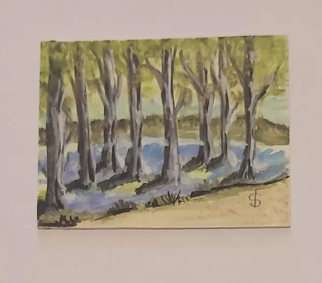 ORIGINAL MINIATUR AQUARELL GEMÄLDE SIGNIERT - BLAU GLOCKENGANG 5,5 cm x 4,2 cm 2