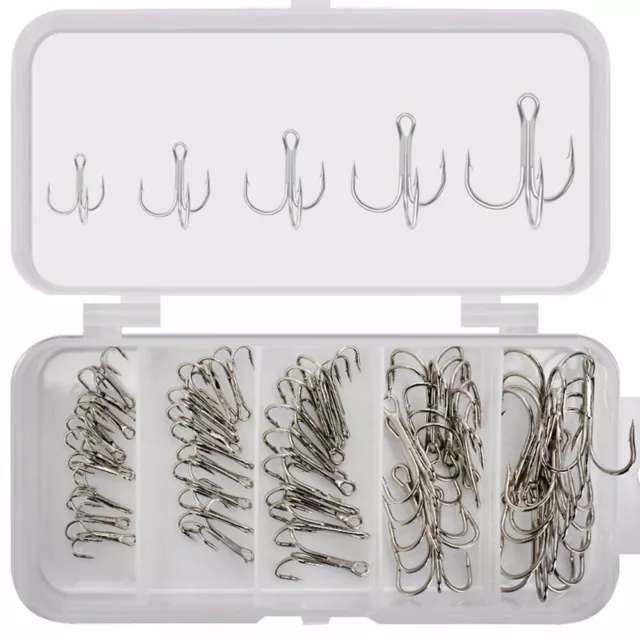 50pcs Fishing Hooks Mixed 5 Sizes Fishing Treble Hooks High Carbon Steel Hooks