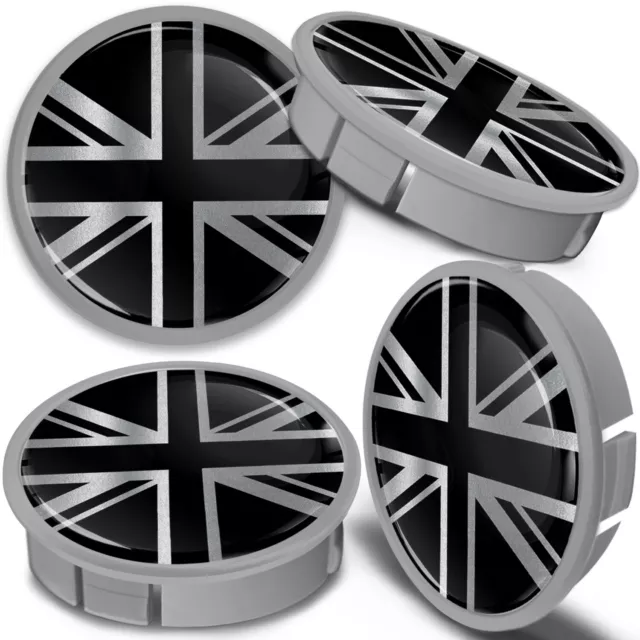 4 x 60mm Silver Black Rim Alloy Wheel Center Hub Centre Caps Union Jack UK Flag