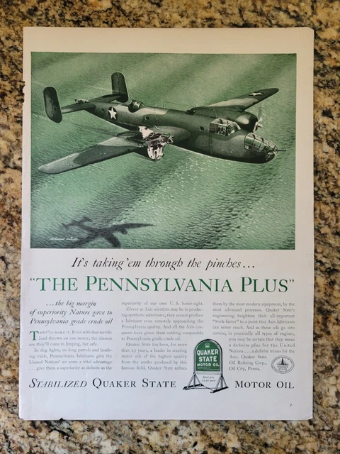 1942 WARTIME Quaker State Motor Oil Print Advertisement "The Pennsylvania Plus"