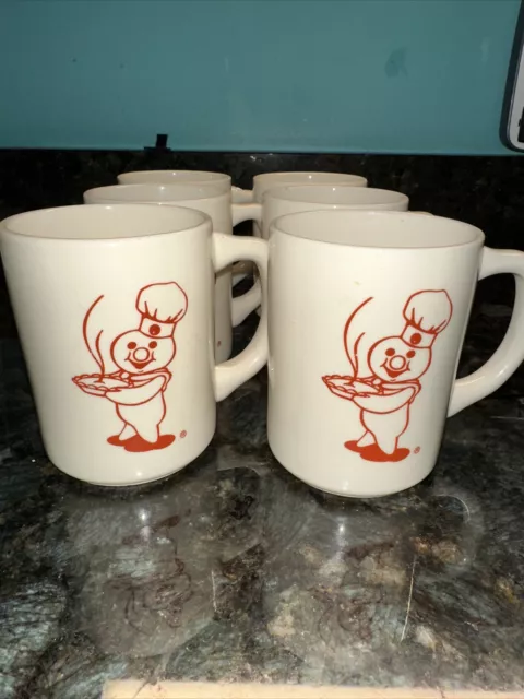 Rare Ceramic USA Mugs Set Of 6 Red Pillsbury Doughboy Carrying A Hot Pie