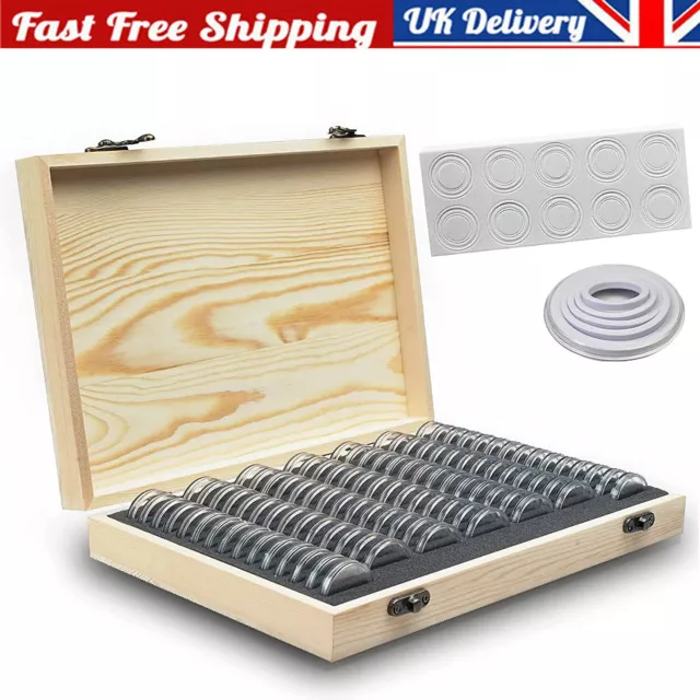 100x Coin Capsules Storage Box Display Case Holder Collect Supplies+Wooden Case