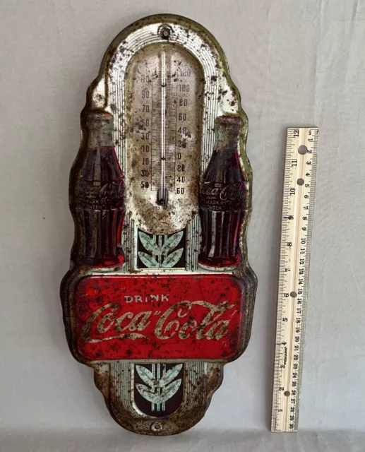 Vintage Original 1940's  Coca Cola Tin Embossed Double Bottle Thermometer Sign