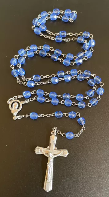 Vintage Catholic Blue Glass 5 Decade Rosary Silver Tone Crucifix Italy