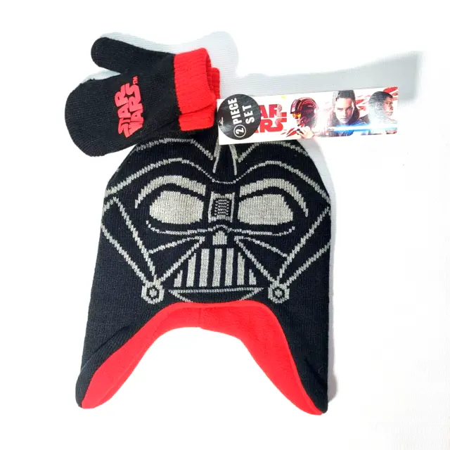 Disney Star Wars Darth Vader Beanie Knit Hat Mitten Gloves Ear Cover Fleece Line