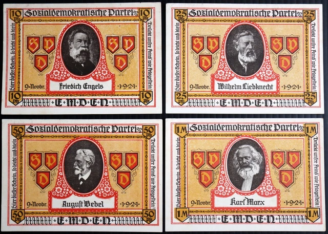 EMDEN 1921 XX-RARE "SPD: Marx Engels Bebel Liebknecht" complete series Notgeld