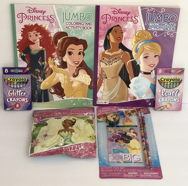 6 DISNEY PRINCESS Jumbo Coloring Activity Book Glitter Crayons Puzzle