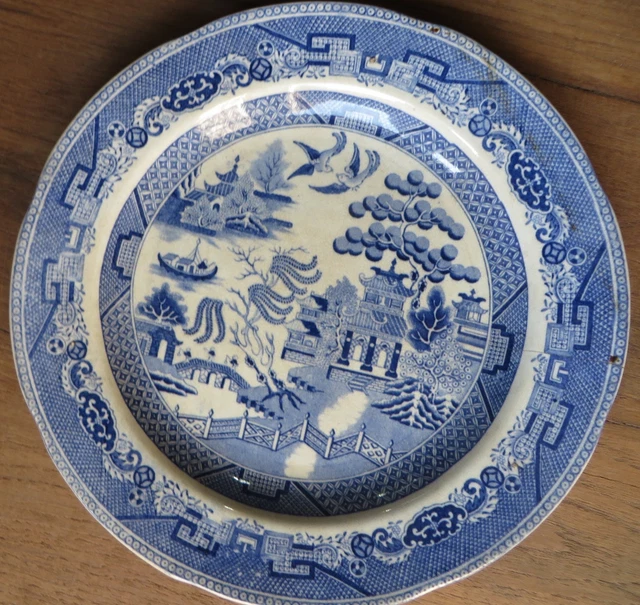 Antique CeramicWillow Plate BLUE TRANSFER PRINT MARKED FLYING BIRDS CHINESE ARCH