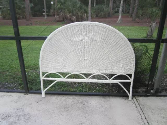 Vintage White Wicker Full Headboard Coastal Shabby Chic