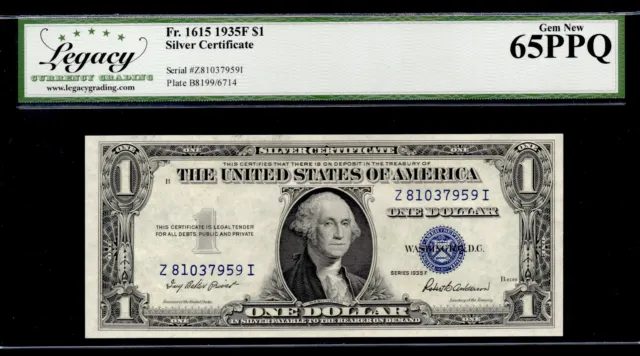 UNITED STATES 1935F $1 Silver Certificate. FR#: 1615. Legacy Graded: 65 PPQ. GEM