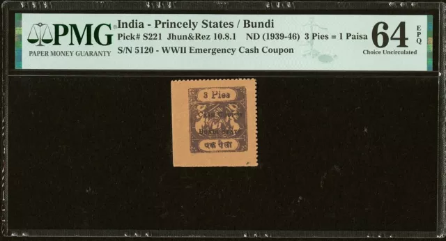 India Princely States / Bundi 3 Pies = 1 Paisa 1939-46 P-S221 CH UNC PMG 64 EPQ