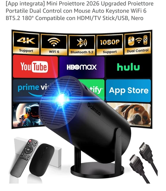 Mini Proiettore Portatile 4K Con WiFi 6 E Bluetooth – Correzione Trapezio Automatica, Zoom, Per HDMI, Fire Stick, PC E Smartphone