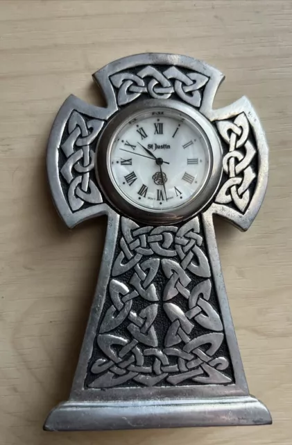 Vintage St Justin Pewter Cross Knot Design Pearl Dial Japan Movement