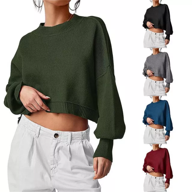 Womens Pullover Sweater Casual Long Sleeve Crewneck Loose Knit Crop Pullover Top