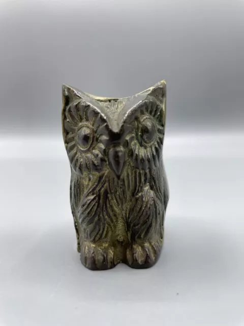 Vintage Solid Brass Owl Figurine Paperweight Big Eyed Mid Century Modern 2" Tall