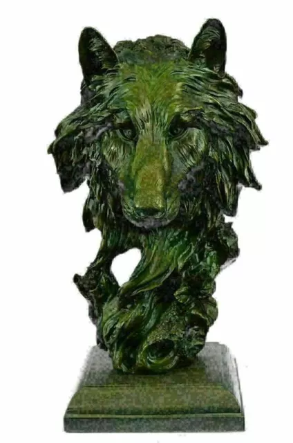 Art Deco Marble Bronze Sculpture Statue Wolf Head Bust Wild Life Garden Figurine