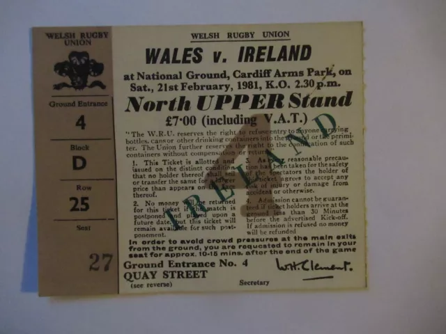 Rugby Union Ticket Stub - Wales v Ireland - 21/2/1981