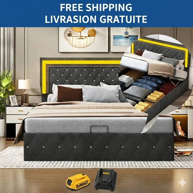 Lit avec rangement 140x200 cm - Lit double capitonné avec éclairage LED - lin + Métal - Sans matelas