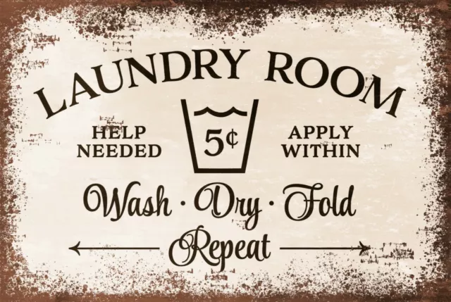 Laundry Room Plaque Vintage Style Retro Metal Sign, washing clothes, laundrette