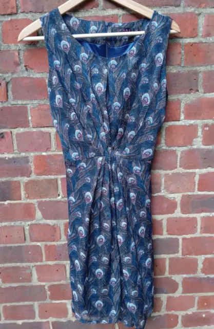 Peacock Feather print Design Size UK 14 Blue Tie back Dress New Tags TENKI