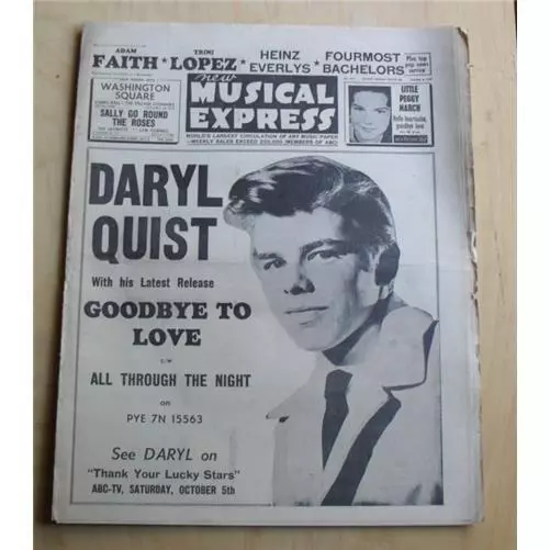 Various 1963 Nme Magazine October 6 1963 Daryl Quist Cover Advert/Adam Faith/Hei