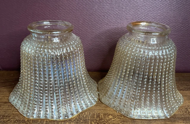 VTG Pair of  Light Chandelier Lamp Shade Iridescent Amber Peach Beaded 2” Fitter