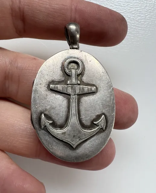 Antique Victorian Sterling Silver Anchor Hope Large Photo Locket 1.75"