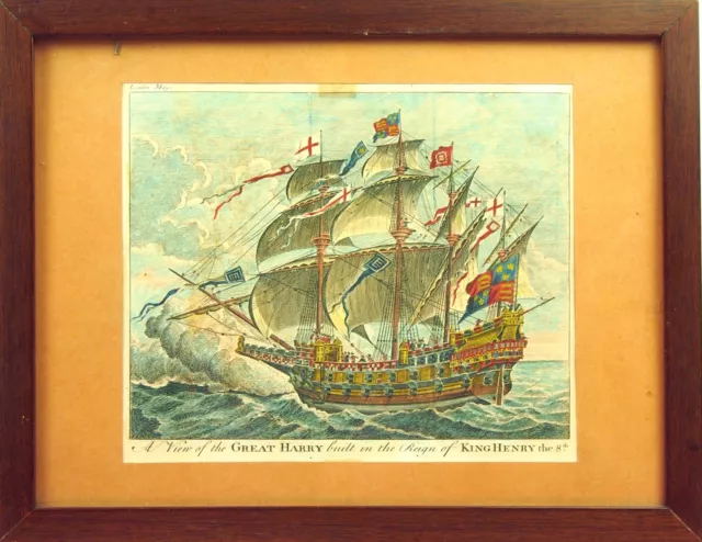 Boat The Great Harry. Engraving Hand Colored. 18Th Century. England.