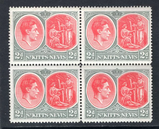 M21094 St Kitts Nevis 1950 SG71c - 2d grey perf 14 on chalky paper in block of 4