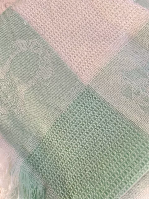 Woven Pastel Green White Panda Bear Baby Blanket Squares Fringe Acrylic 48”x46”