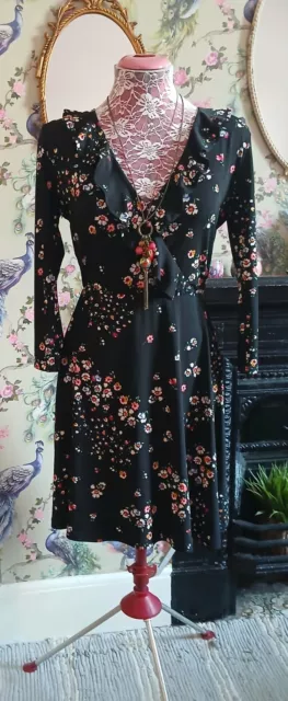 Vintage style black bubblegum pink mustard floral tea dress size 6 - 8 Oasis