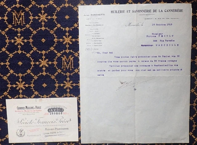 HUILERIE & SAVONNERIE DE LA CANNEBIÈRE JULES ROCHETTI ~PAIEMENT de COUPONS~1918