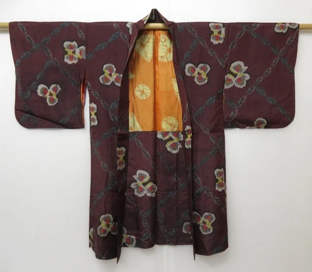1318T08z430 Vintage Japanese Kimono Silk MEISEN HAORI Purple-Brown Camellia