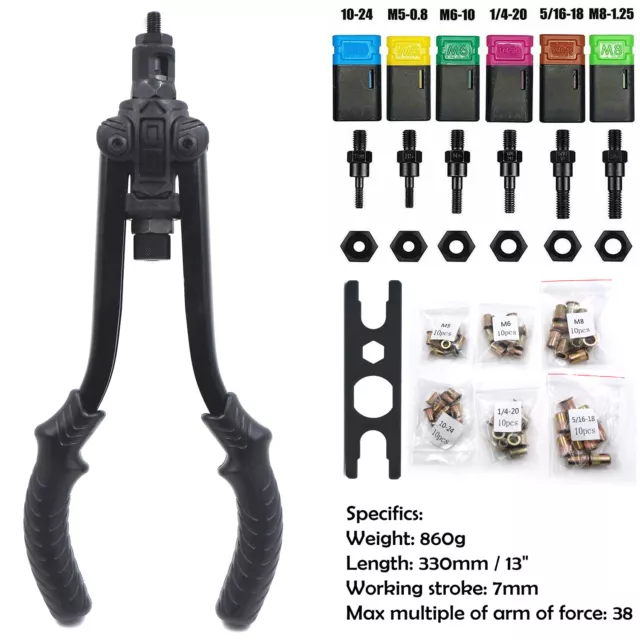 Thrust Type Hand Nut Riveter 330mm 13" 60pcs Rivet Nut Gun Kit Rivnut Setting To