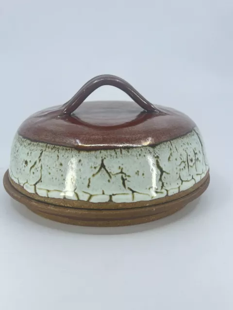 VTG Raku earthenware hand thrown signed covered cheese dish dome serving plate